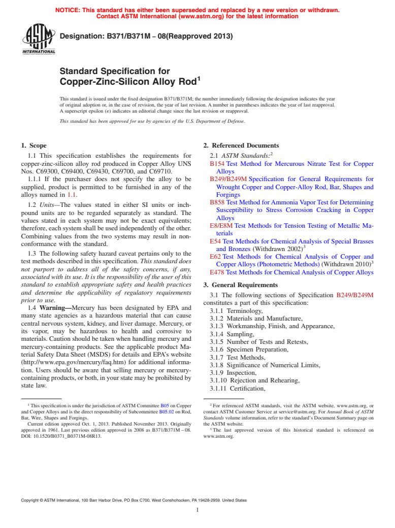 ASTM B371/B371M-08(2013) - Standard Specification for Copper-Zinc-Silicon Alloy Rod