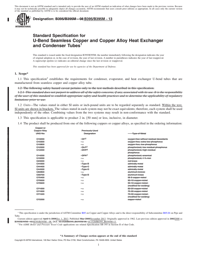 REDLINE ASTM B395/B395M-13 - Standard Specification for U-Bend Seamless Copper and Copper Alloy Heat Exchanger and  Condenser Tubes