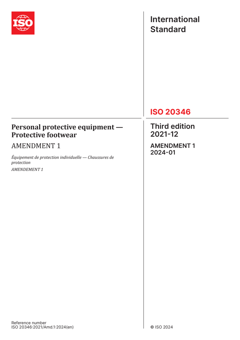 ISO 20346:2021/Amd 1:2024 - Personal protective equipment — Protective footwear — Amendment 1
Released:11. 01. 2024