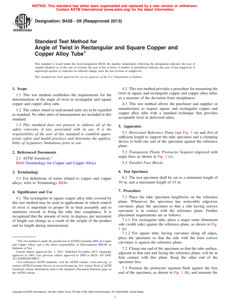 ASTM B428-09(2013) - Standard Test Method for Angle of Twist in Rectangular and Square Copper and Copper  Alloy Tube