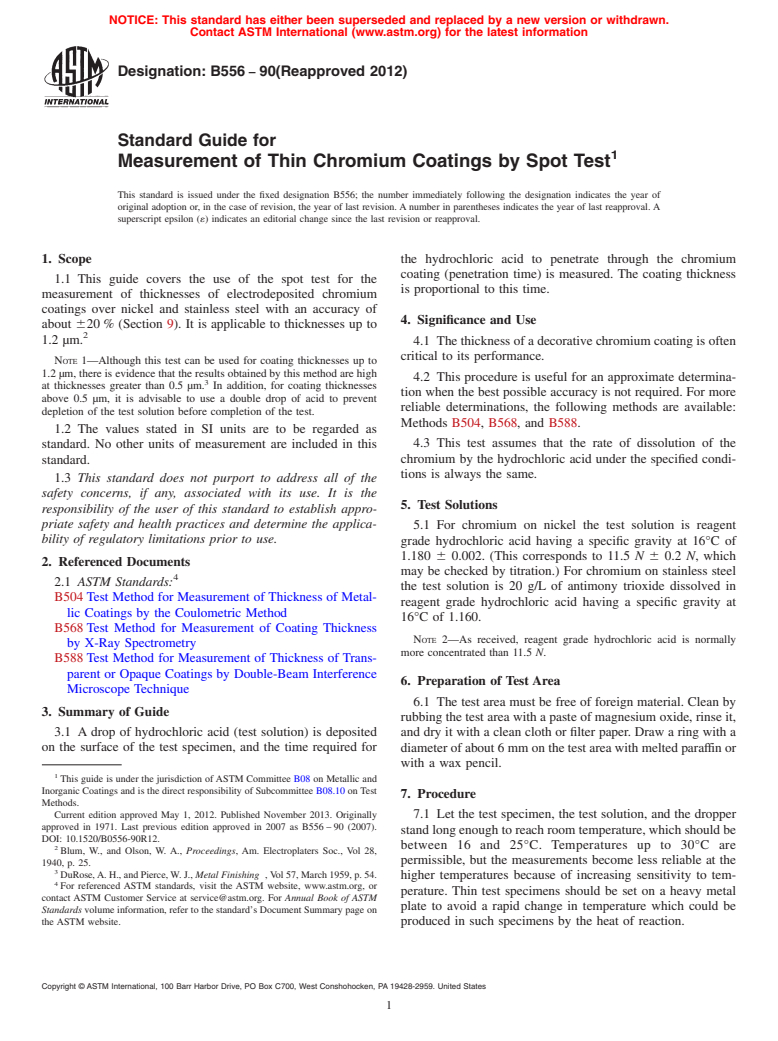 ASTM B556-90(2012) - Standard Guide for Measurement of Thin Chromium Coatings by Spot Test