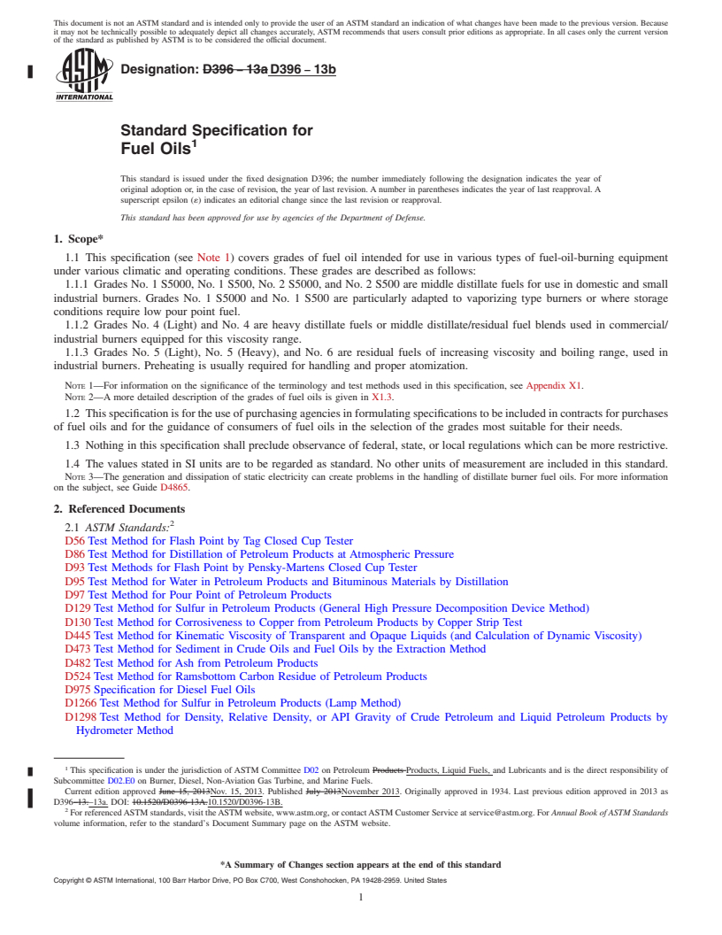 REDLINE ASTM D396-13b - Standard Specification for Fuel Oils