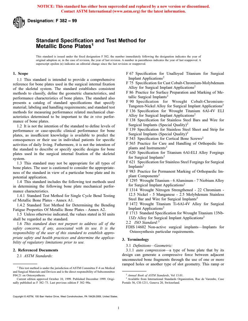 ASTM F382-99 - Standard Specification and Test Method for Metallic Bone Plates