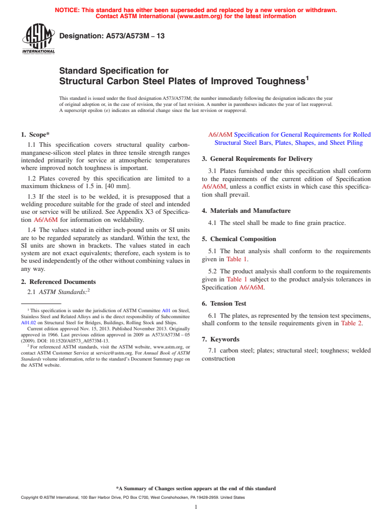 ASTM A573/A573M-13 - Standard Specification for  Structural Carbon Steel Plates of Improved Toughness