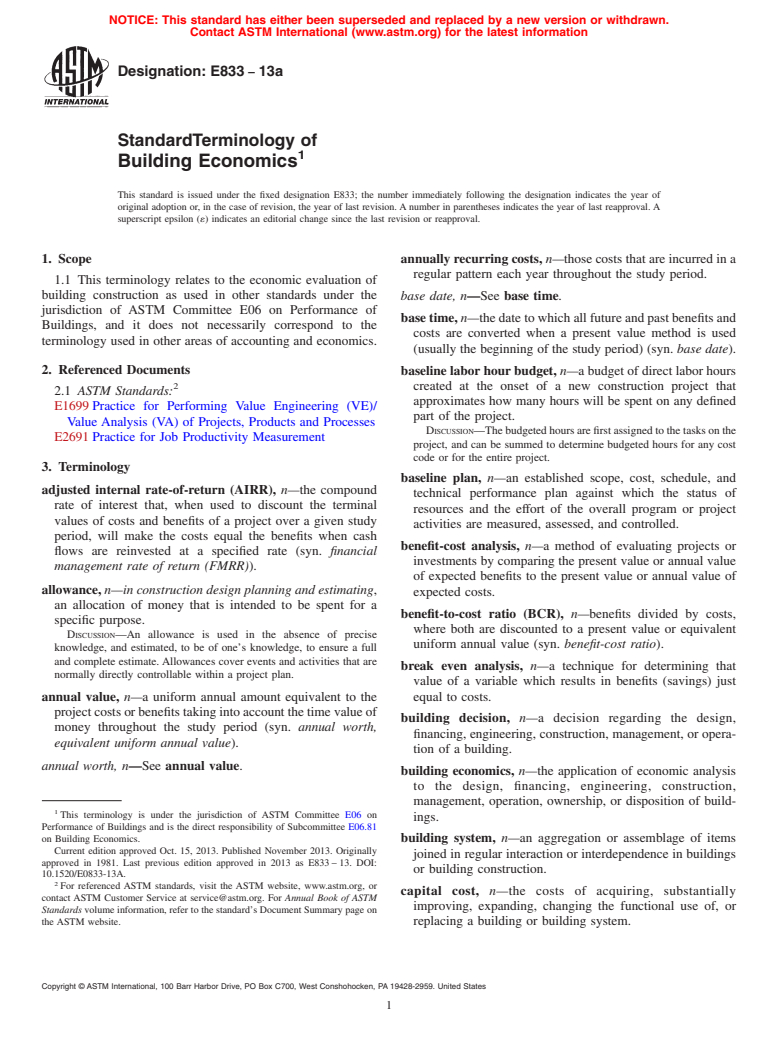 ASTM E833-13a - Standard Terminology of  Building Economics