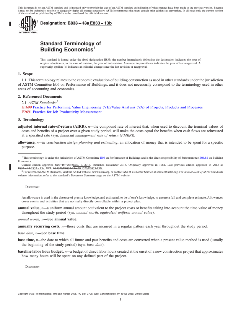 REDLINE ASTM E833-13b - Standard Terminology of  Building Economics