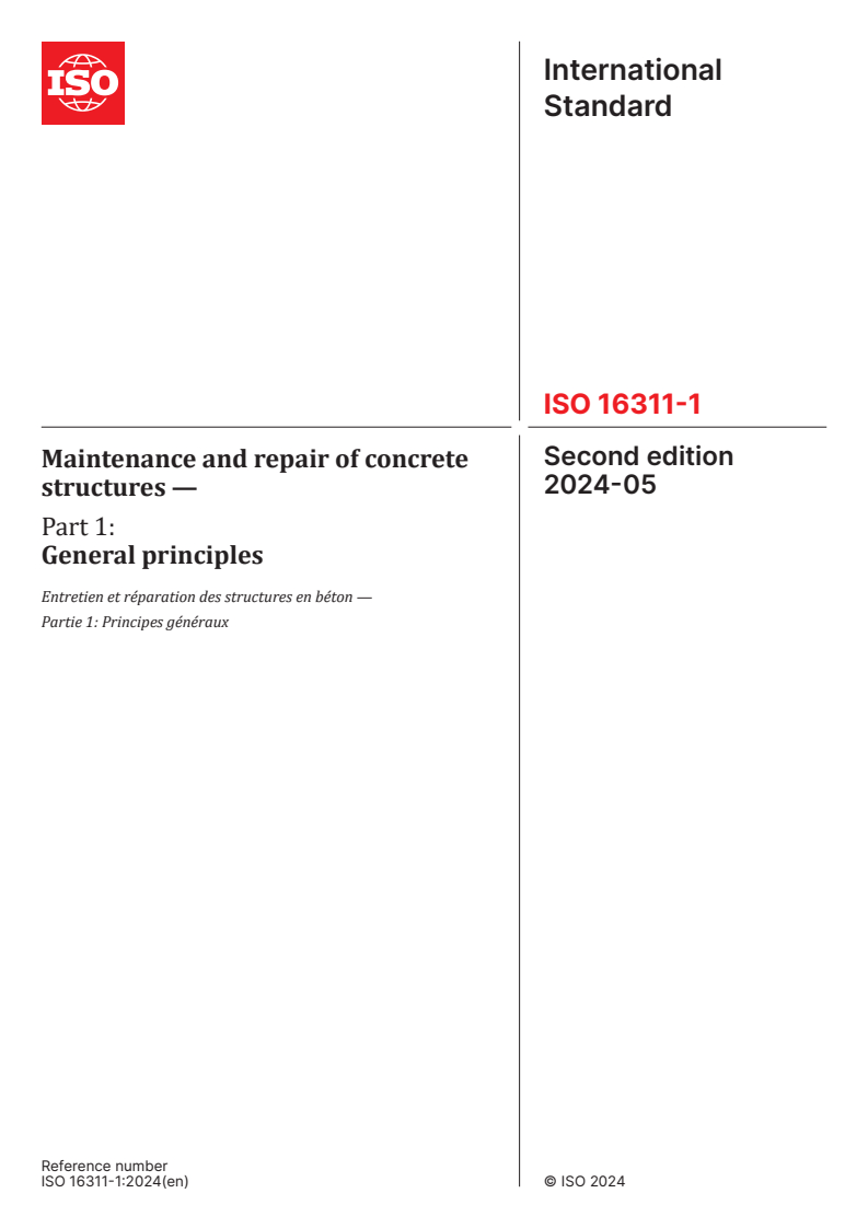 ISO 16311-1:2024 - Maintenance and repair of concrete structures — Part 1: General principles
Released:24. 05. 2024