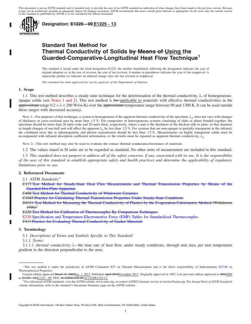 REDLINE ASTM E1225-13 - Standard Test Method for  Thermal Conductivity of Solids Using the Guarded-Comparative-Longitudinal  Heat Flow Technique