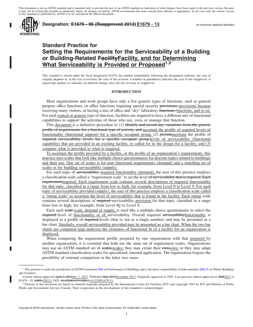 REDLINE ASTM E1679-13 - Standard Practice for  Setting the Requirements for the Serviceability of a Building  or Building-Related Facility, and for Determining What Serviceability  is Provided or Proposed