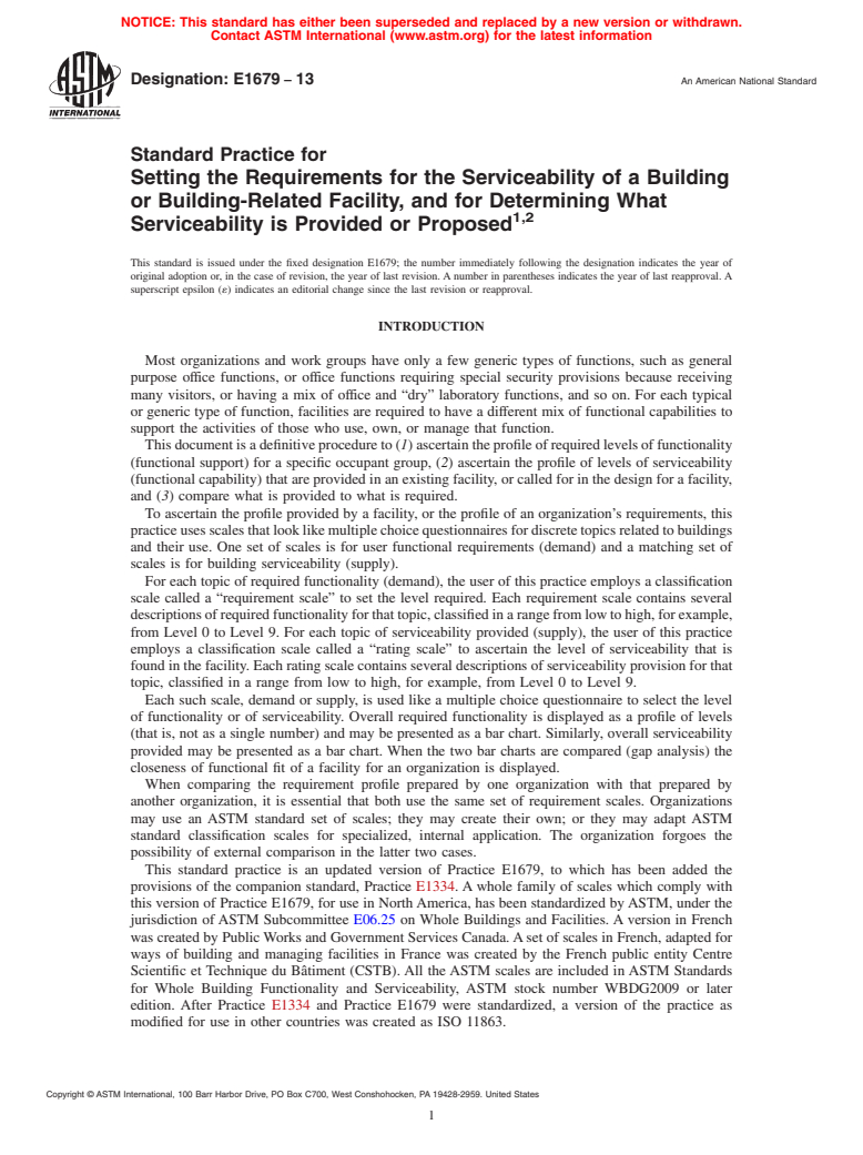 ASTM E1679-13 - Standard Practice for  Setting the Requirements for the Serviceability of a Building  or Building-Related Facility, and for Determining What Serviceability  is Provided or Proposed