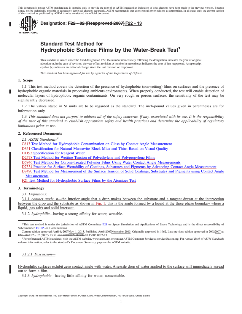 REDLINE ASTM F22-13 - Standard Test Method for  Hydrophobic Surface Films by the Water-Break Test