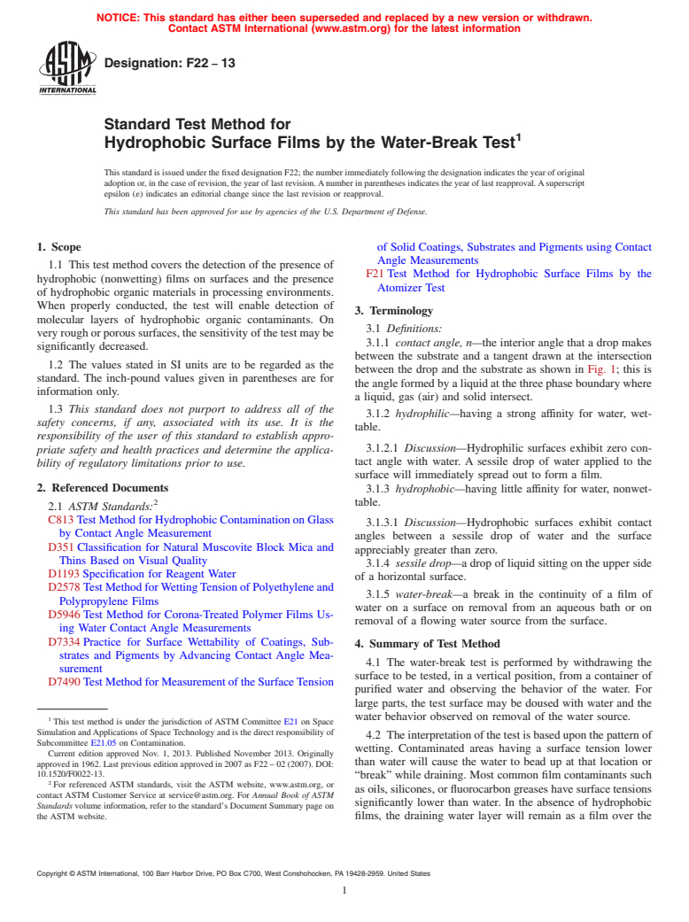 ASTM F22-13 - Standard Test Method for  Hydrophobic Surface Films by the Water-Break Test