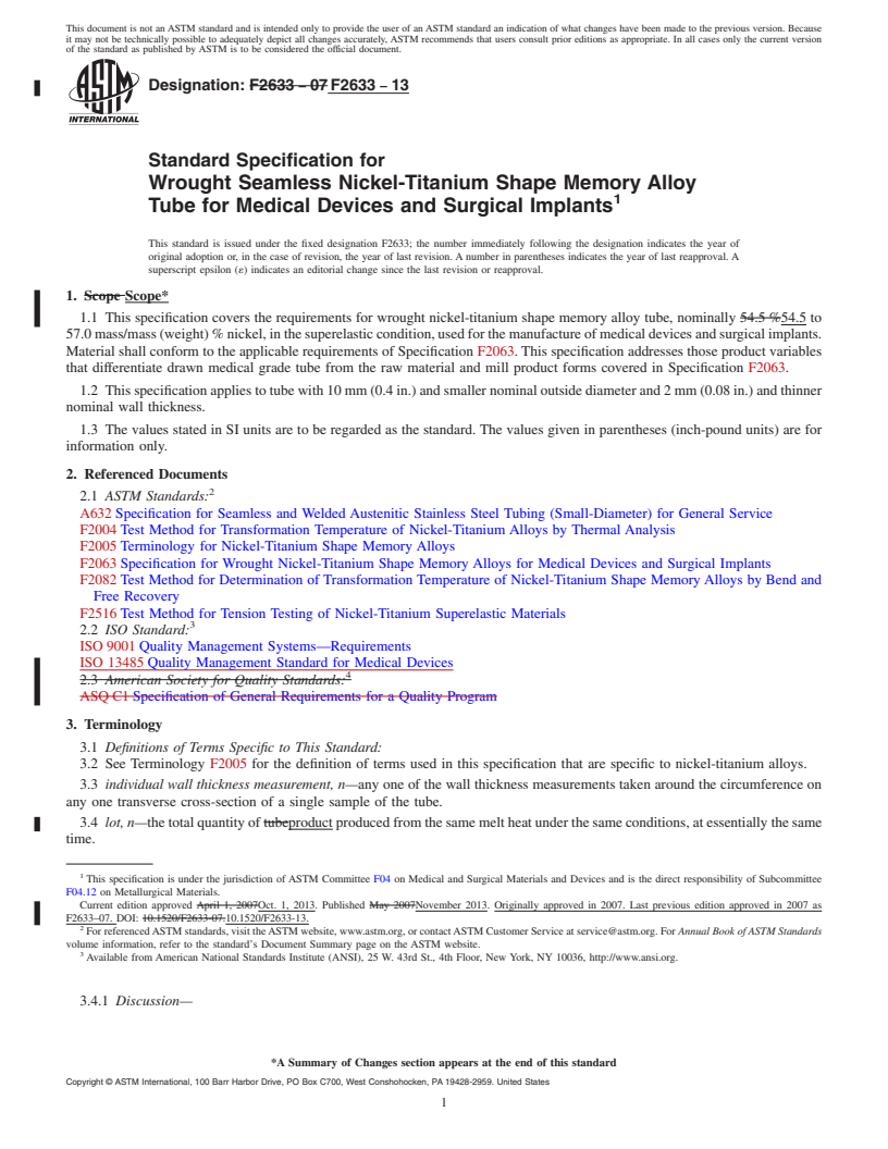 REDLINE ASTM F2633-13 - Standard Specification for  Wrought Seamless Nickel-Titanium Shape Memory Alloy Tube for  Medical Devices and Surgical Implants