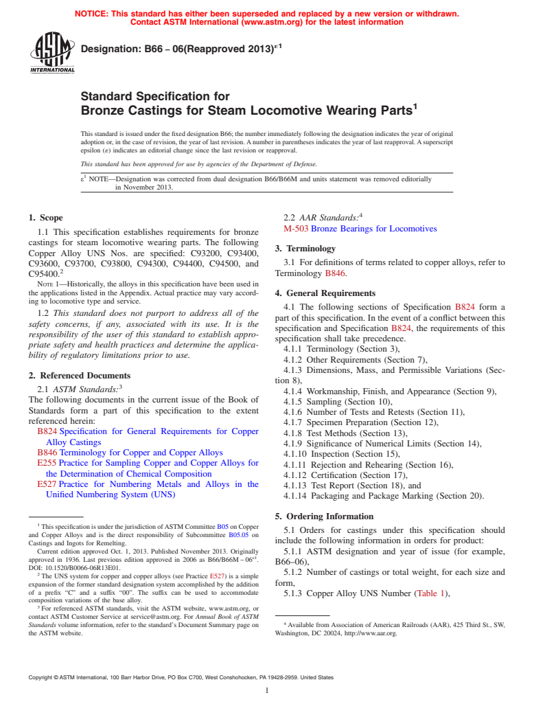 ASTM B66-06(2013)e1 - Standard Specification for Bronze Castings for Steam Locomotive Wearing Parts