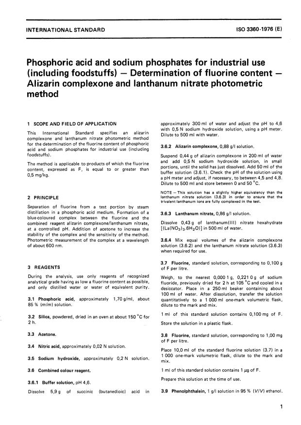 ISO 3360:1976 - Phosphoric acid and sodium phosphates for industrial use (including foodstuffs) -- Determination of fluorine content -- Alizarin complexone and lanthanum nitrate photometric method