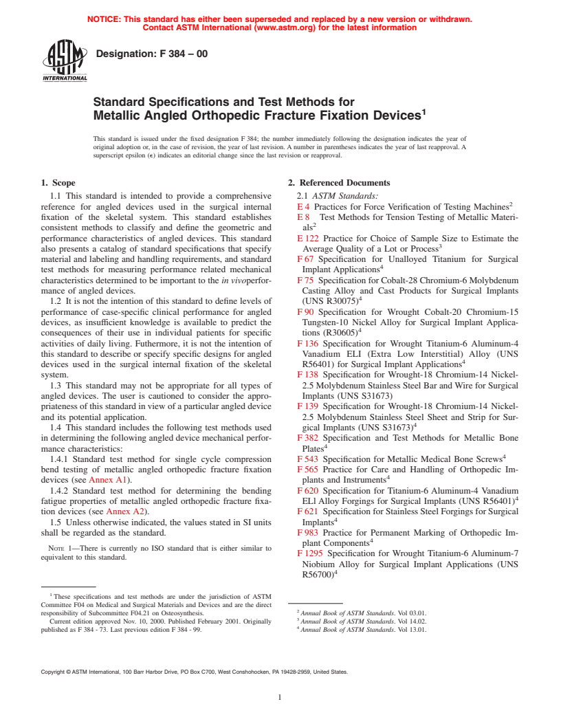 ASTM F384-00 - Standard Specifications and Test Methods for Metallic Angled Orthopedic Fracture Fixation Devices