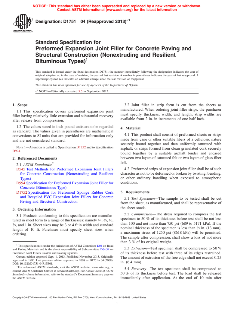 ASTM D1751-04(2013)e1 - Standard Specification for Preformed Expansion Joint Filler for Concrete Paving and Structural Construction (Nonextruding and Resilient Bituminous Types)