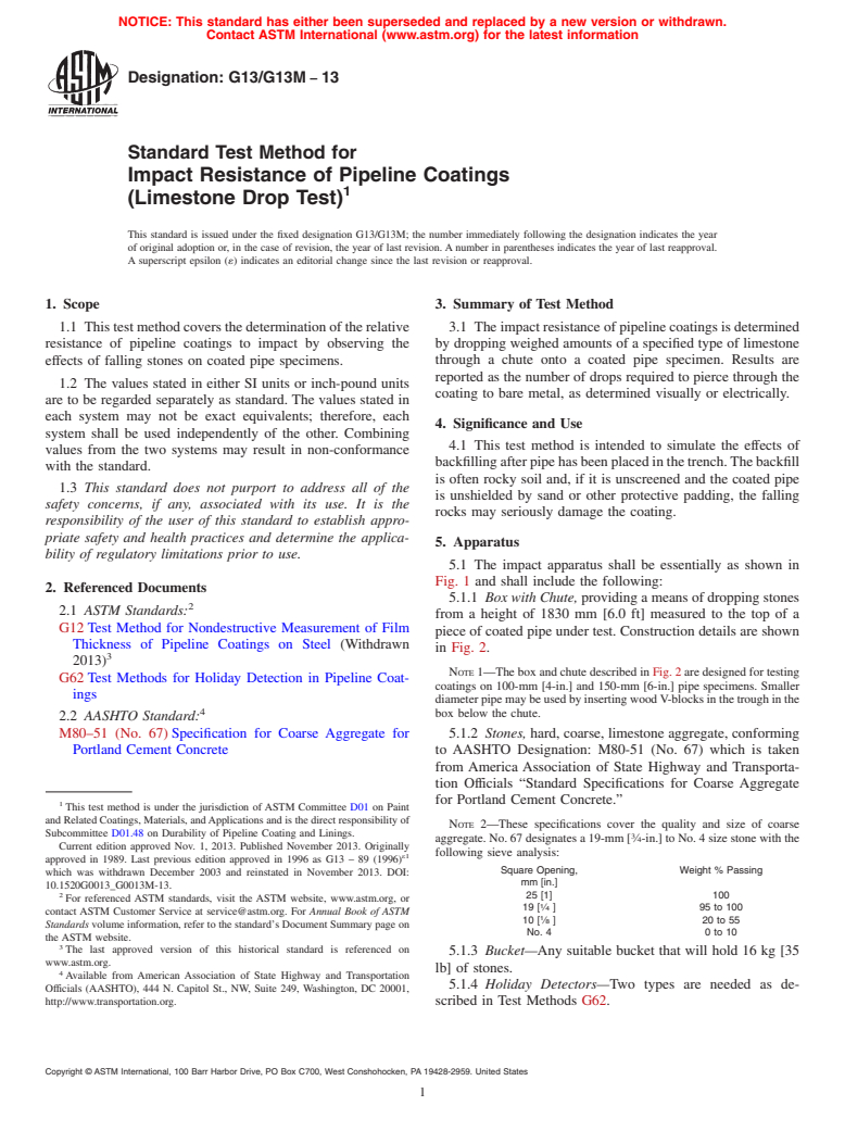 ASTM G13/G13M-13 - Standard Test Method for Impact Resistance of Pipeline Coatings (Limestone Drop Test)