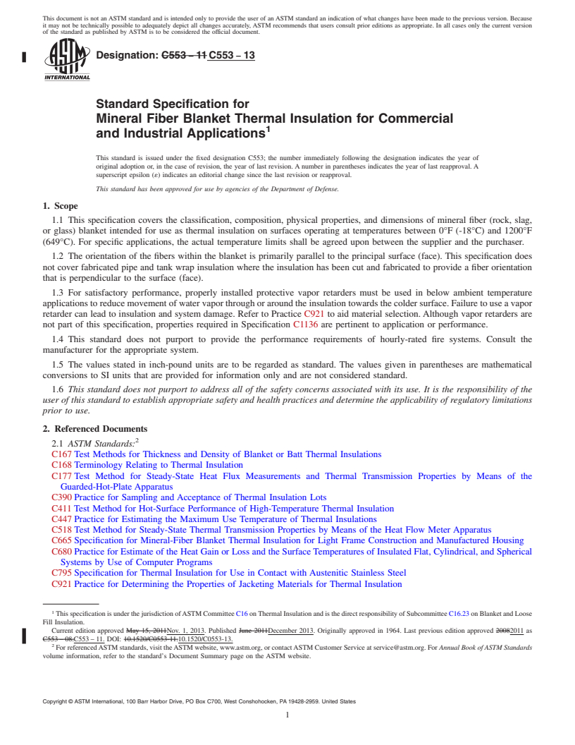 REDLINE ASTM C553-13 - Standard Specification for  Mineral Fiber Blanket Thermal Insulation for Commercial and  Industrial Applications