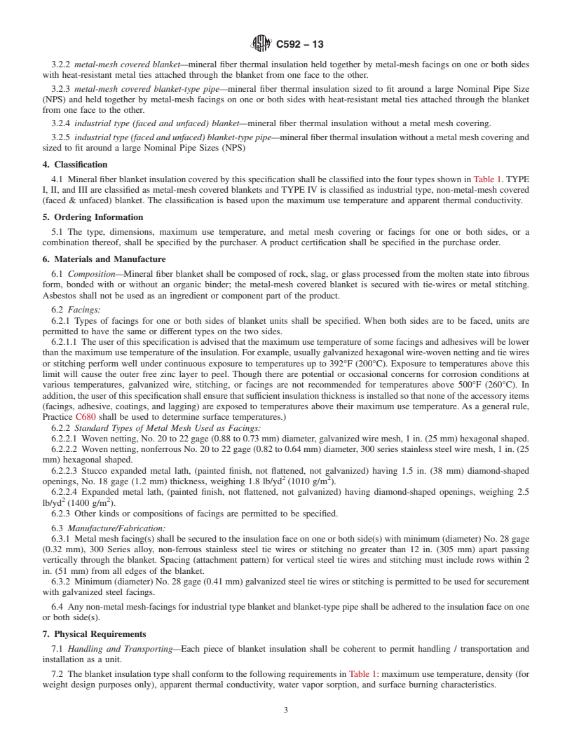 REDLINE ASTM C592-13 - Standard Specification for  Mineral Fiber Blanket Insulation and Blanket-Type Pipe Insulation  (Metal-Mesh Covered) (Industrial Type)