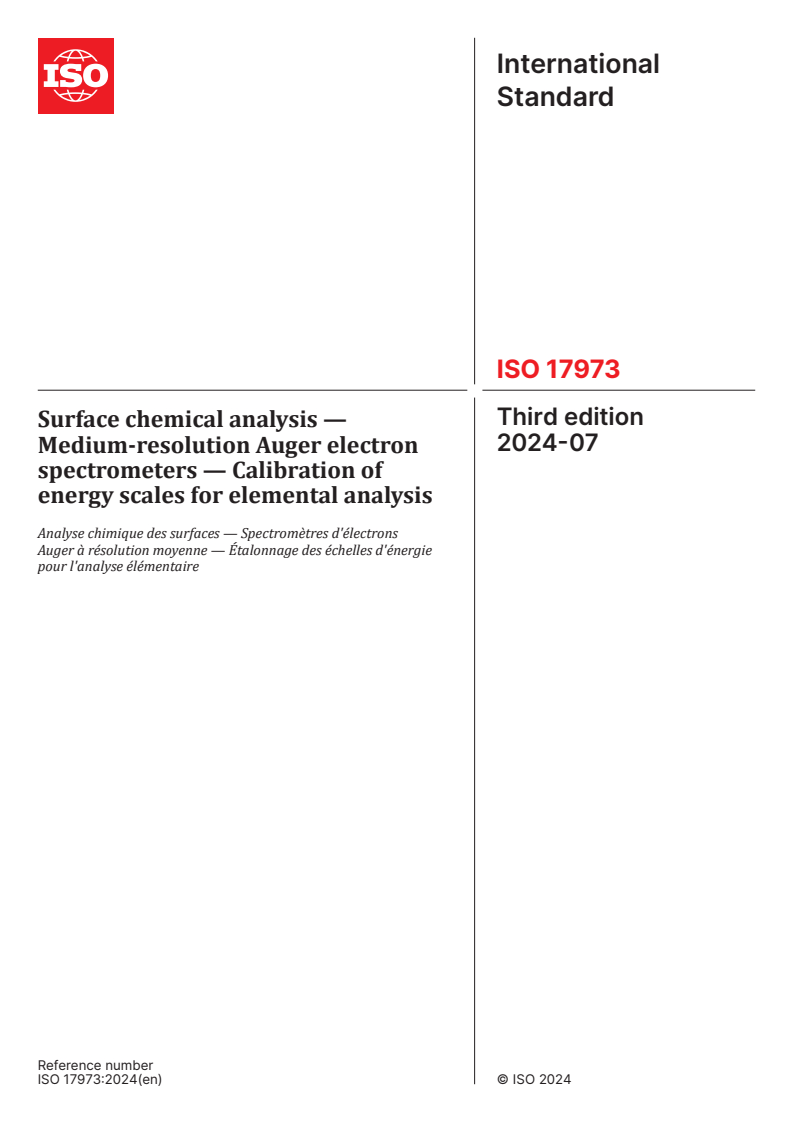 ISO 17973:2024 - Surface chemical analysis — Medium-resolution Auger electron spectrometers — Calibration of energy scales for elemental analysis
Released:3. 07. 2024