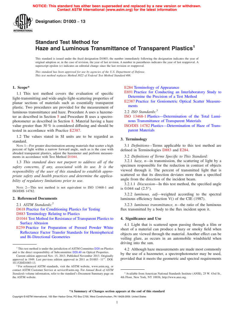 ASTM D1003-13 - Standard Test Method for  Haze and Luminous Transmittance of Transparent Plastics