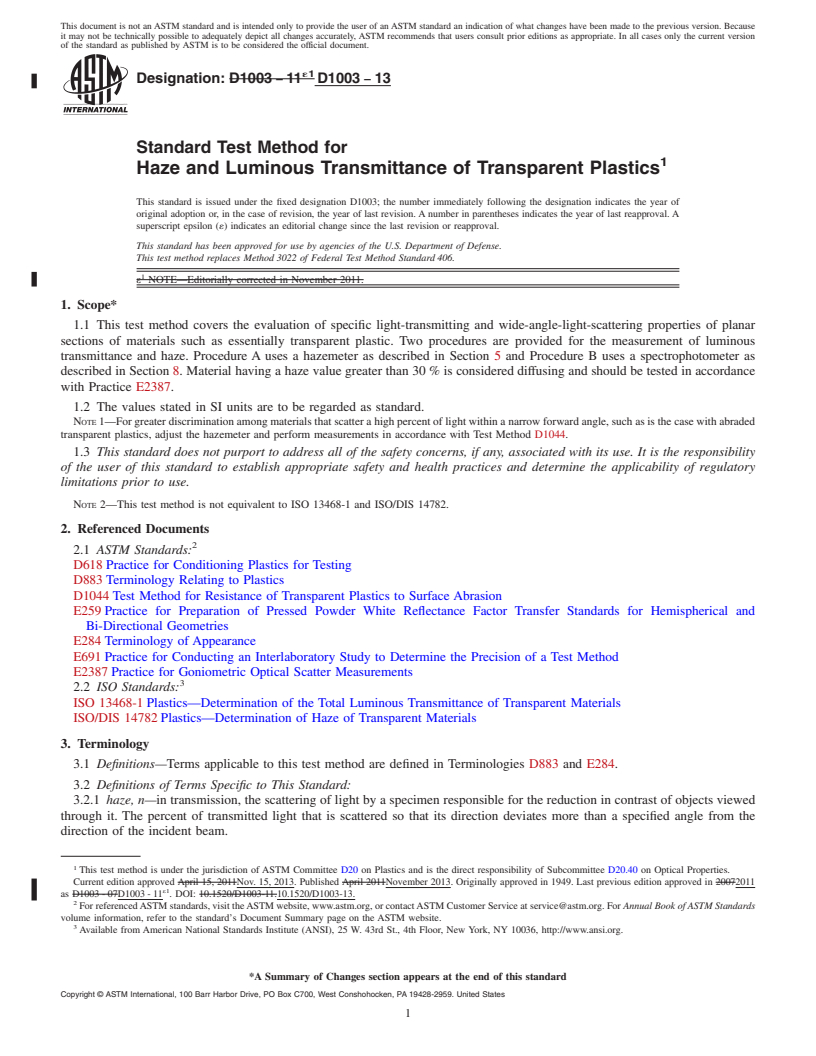 REDLINE ASTM D1003-13 - Standard Test Method for  Haze and Luminous Transmittance of Transparent Plastics