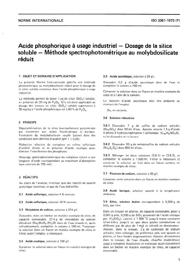 ISO 3361:1975 - Acide phosphorique a usage industriel -- Dosage de la silice soluble -- Méthode spectrophotométrique au molybdosilicate réduit