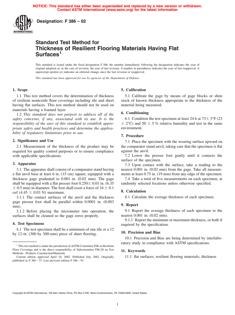 ASTM F386-02 - Standard Test Method for Thickness of Resilient Flooring Materials Having Flat Surfaces