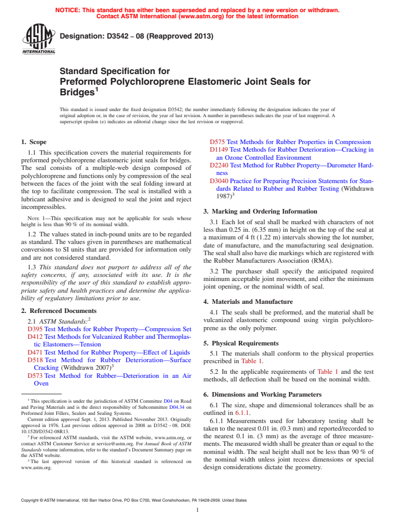 ASTM D3542-08(2013) - Standard Specification for  Preformed Polychloroprene Elastomeric Joint Seals for Bridges