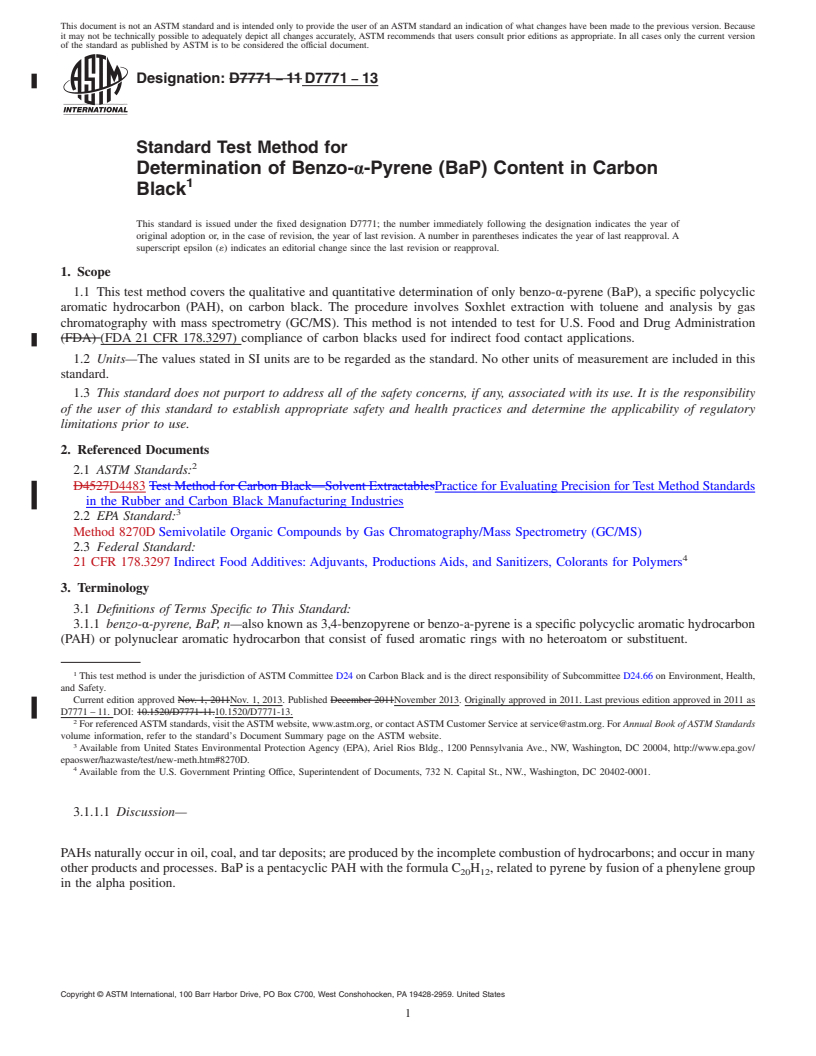 REDLINE ASTM D7771-13 - Standard Test Method for  Determination of Benzo-&alpha;-Pyrene (BaP) Content in Carbon  Black