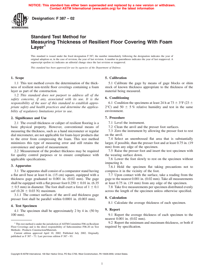 ASTM F387-02 - Standard Test Method for Measuring Thickness of Resilient Floor Covering With Foam Layer