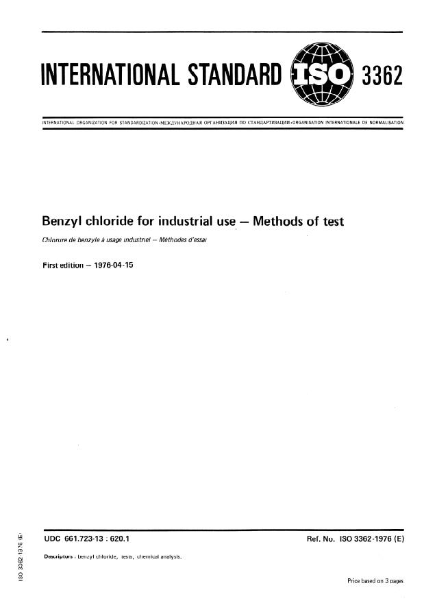 ISO 3362:1976 - Benzyl chloride for industrial use -- Methods of test