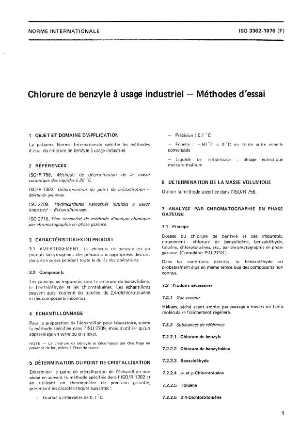ISO 3362:1976 - Chlorure de benzyle a usage industriel -- Méthodes d'essai