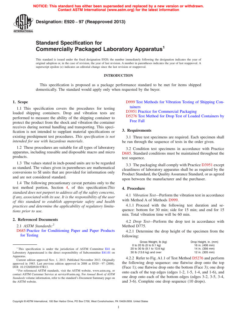 ASTM E920-97(2013) - Standard Specification for  Commercially Packaged Laboratory Apparatus