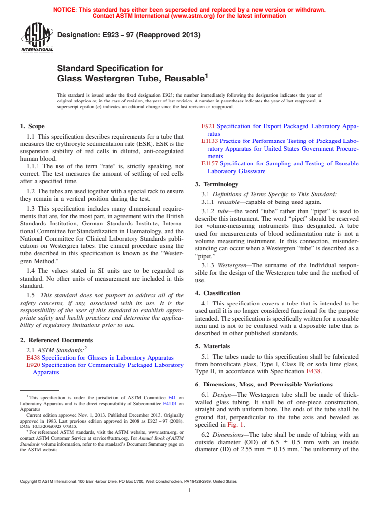 ASTM E923-97(2013) - Standard Specification for  Glass Westergren Tube, Reusable