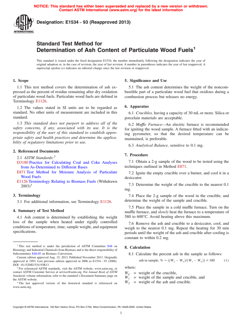 ASTM E1534-93(2013) - Standard Test Method for  Determination of Ash Content of Particulate Wood Fuels