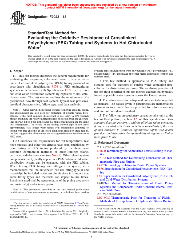 ASTM F2023-13 - Standard Test Method for  Evaluating the Oxidative Resistance of Crosslinked Polyethylene   (PEX) Tubing and Systems to Hot Chlorinated Water