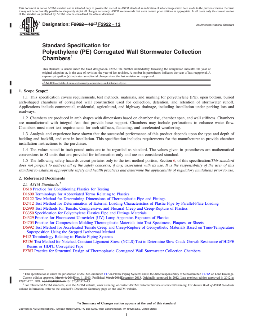 REDLINE ASTM F2922-13 - Standard Specification for  Polyethylene (PE) Corrugated Wall Stormwater Collection Chambers