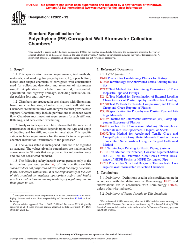 ASTM F2922-13 - Standard Specification for  Polyethylene (PE) Corrugated Wall Stormwater Collection Chambers