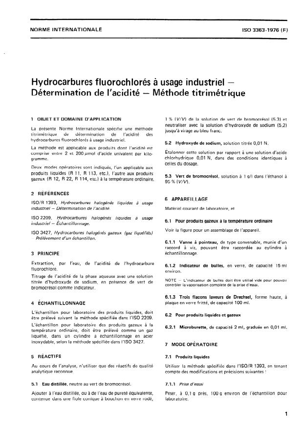 ISO 3363:1976 - Hydrocarbures fluorochlorés a usage industriel -- Détermination de l'acidité -- Méthode titrimétrique