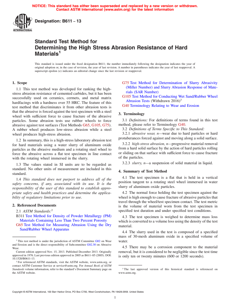 ASTM B611-13 - Standard Test Method for  Determining the High Stress Abrasion Resistance of Hard Materials