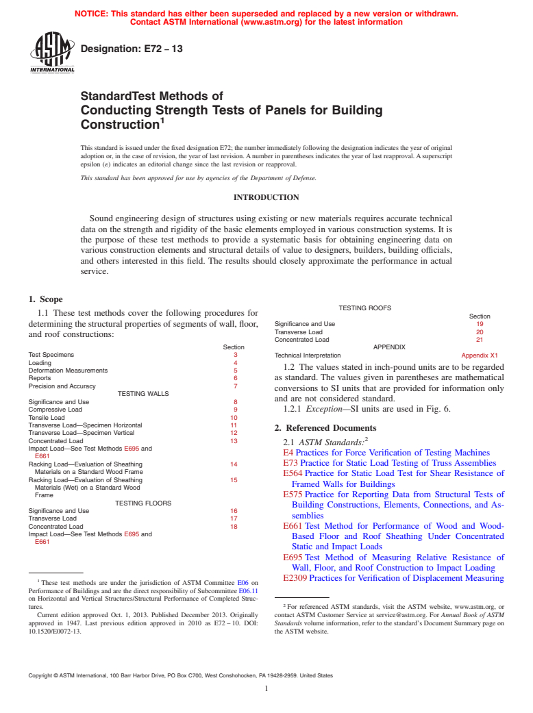 ASTM E72-13 - Standard Test Methods of  Conducting Strength Tests of Panels for Building Construction