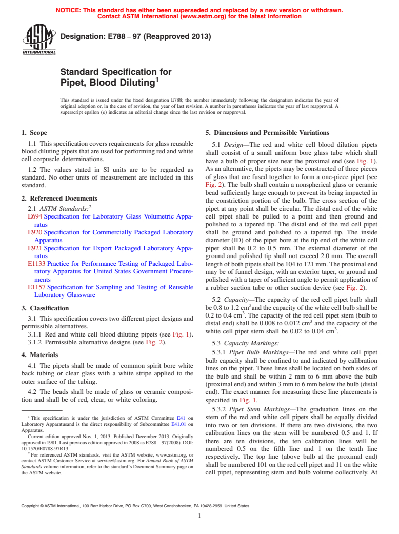 ASTM E788-97(2013) - Standard Specification for  Pipet, Blood Diluting