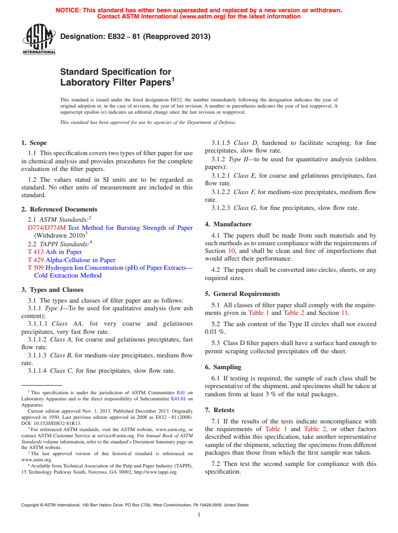 ASTM E832-81(2013) - Standard Specification for  Laboratory Filter Papers