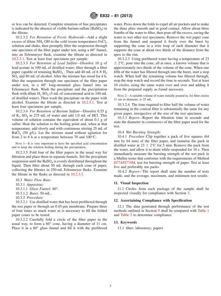 ASTM E832-81(2013) - Standard Specification for  Laboratory Filter Papers