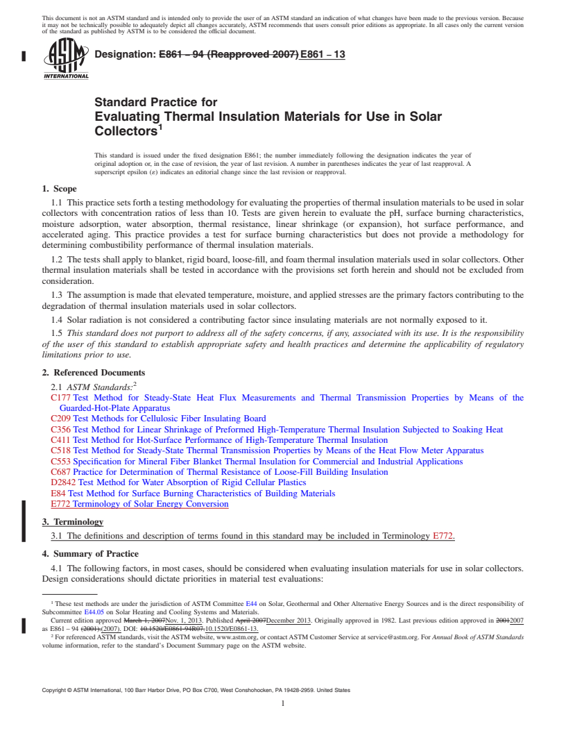 REDLINE ASTM E861-13 - Standard Practice for  Evaluating Thermal Insulation Materials for Use in Solar Collectors