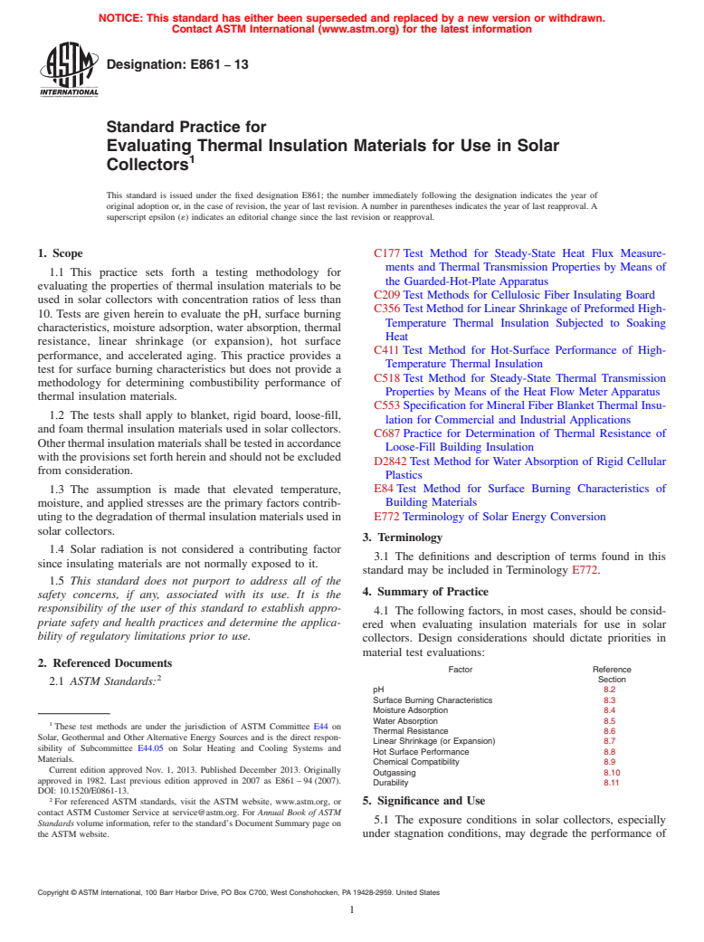 ASTM E861-13 - Standard Practice for  Evaluating Thermal Insulation Materials for Use in Solar Collectors