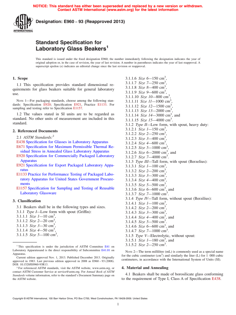 ASTM E960-93(2013) - Standard Specification For Laboratory Glass Beakers