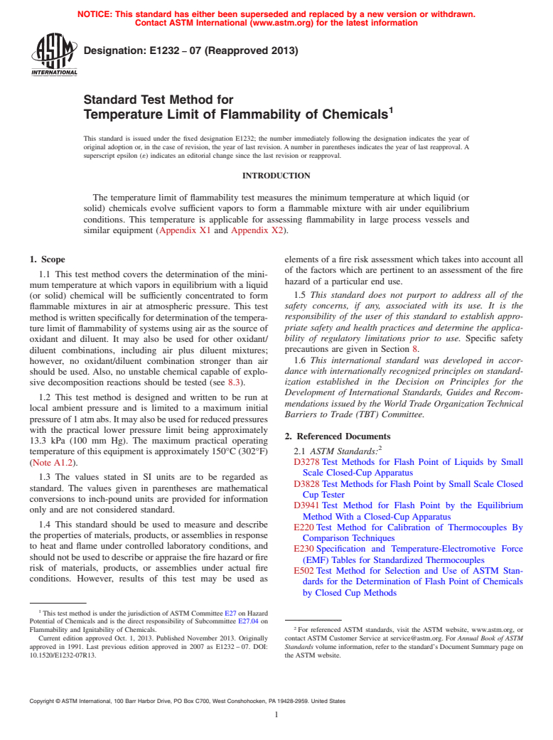 ASTM E1232-07(2013) - Standard Test Method for  Temperature Limit of Flammability of Chemicals